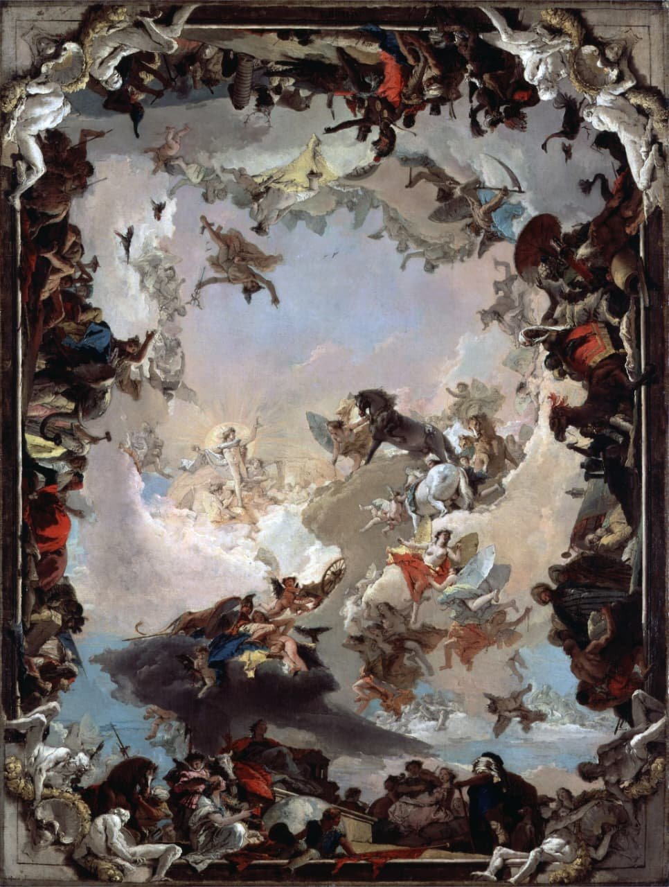 Allegory of the Planets and Continents (1752) karya Giovanni Battista Tiepolo, sebuah mahakarya ilusi ruang yang menggambarkan kemegahan langit dan empat benua.